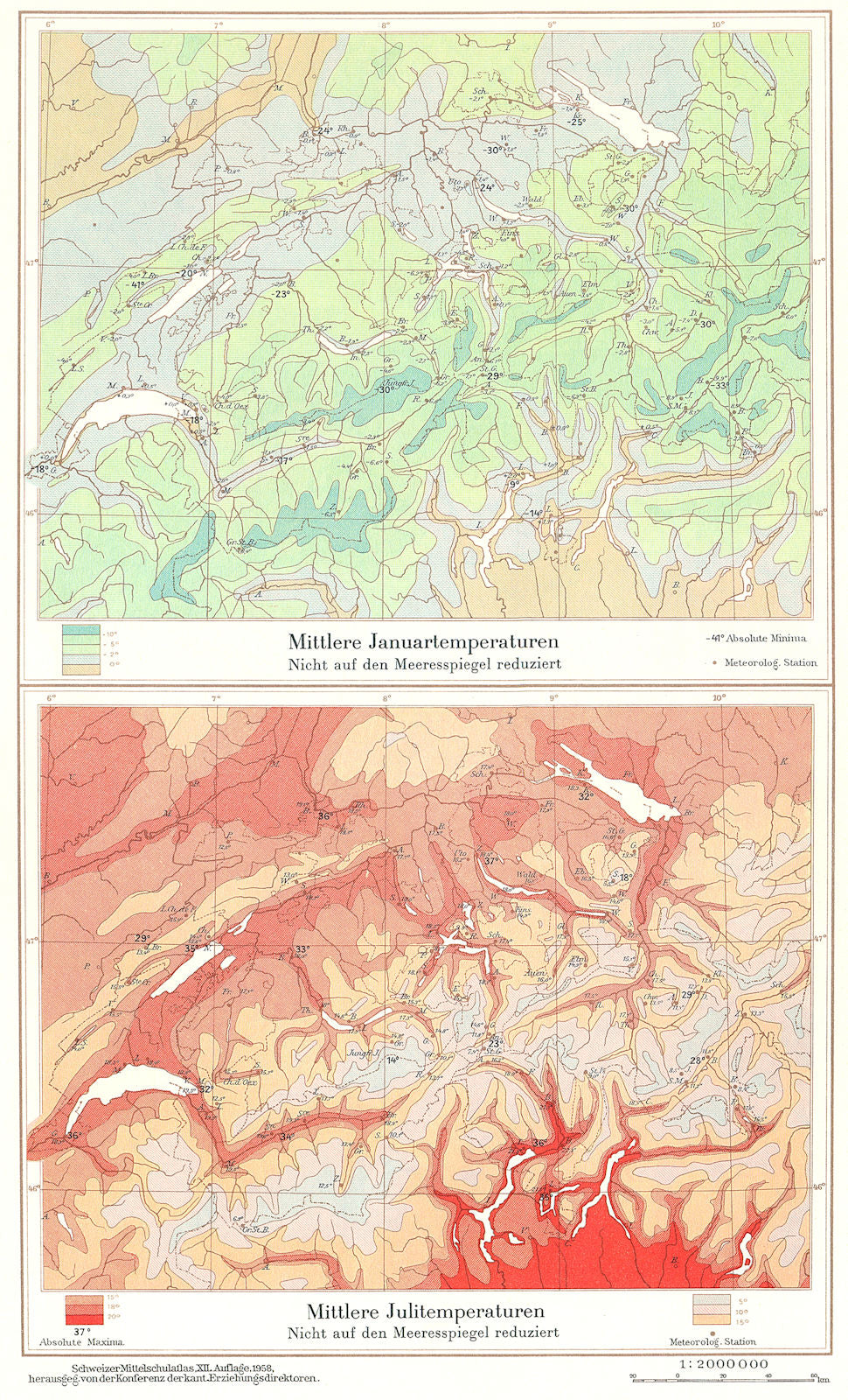 SWITZERLAND.Schweiz;Mittlere Januartemperaturen;Julitemperaturen 1958 old map